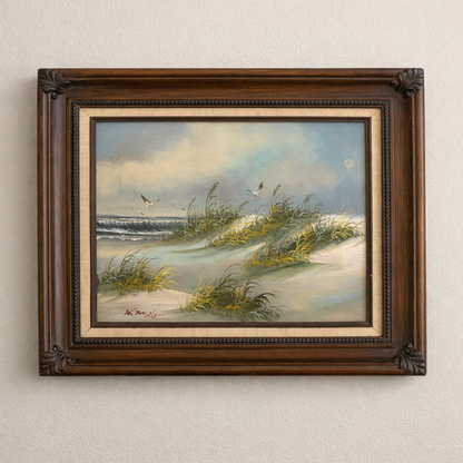 Mid-Century Coastal Dunes Painting by W. Temple | Vintage Beach Landscape in Mexican Carved Frame