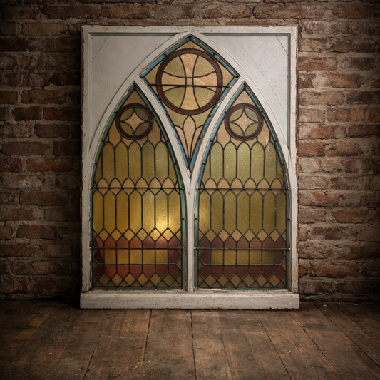 19th Century Gothic Church Stained Glass Window (c.1850–1880) – Double Lancet with Rose Motifs – 64” x 54”