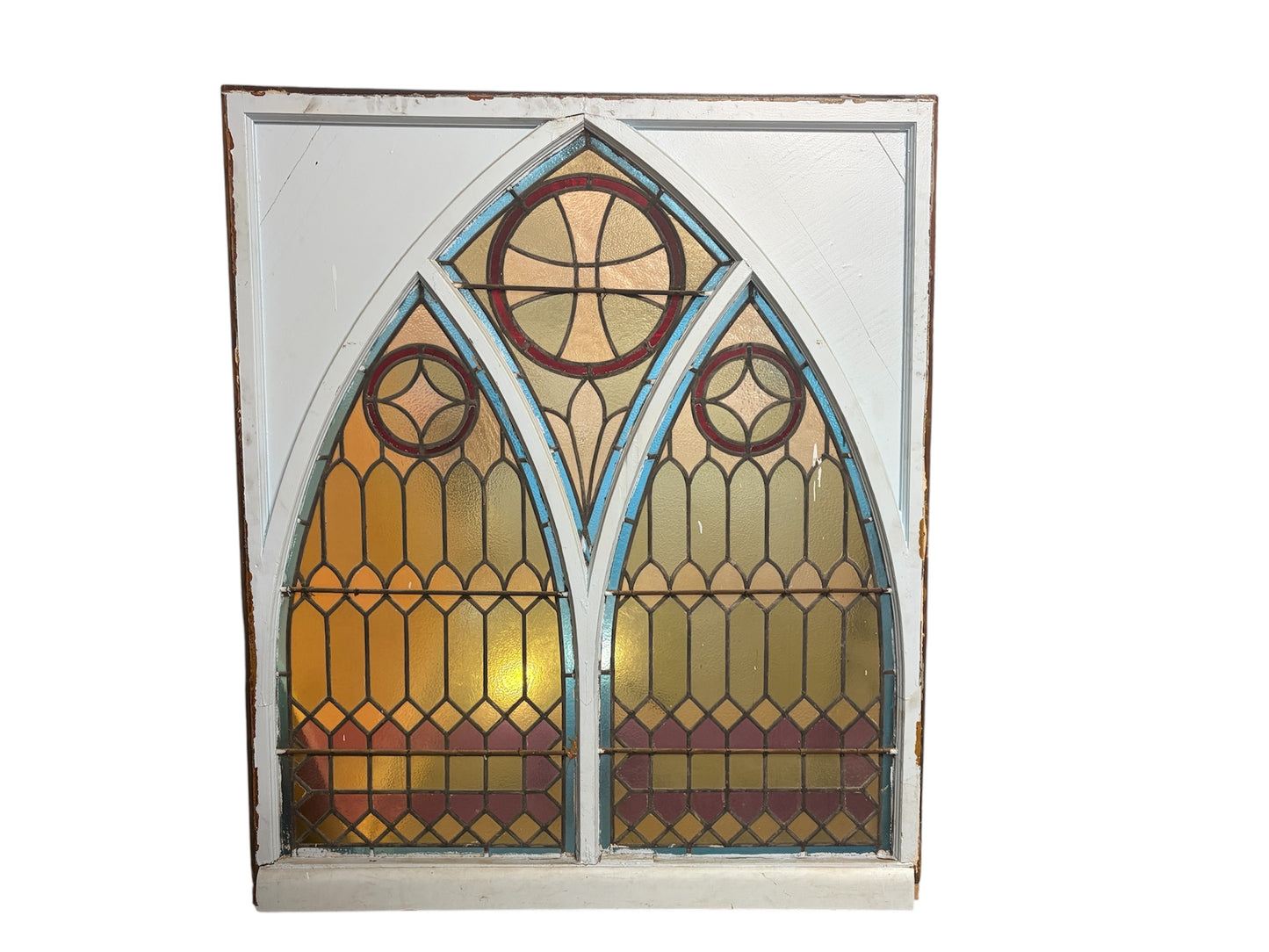 19th Century Gothic Church Stained Glass Window (c.1850–1880) – Double Lancet with Rose Motifs – 64” x 54”