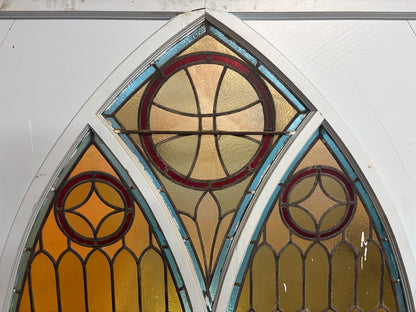 19th Century Gothic Church Stained Glass Window (c.1850–1880) – Double Lancet with Rose Motifs – 64” x 54”