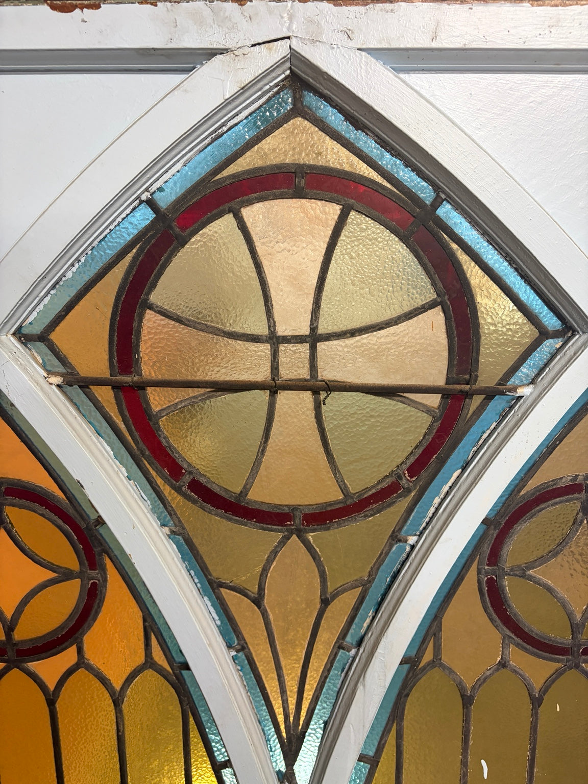 19th Century Gothic Church Stained Glass Window (c.1850–1880) – Double Lancet with Rose Motifs – 64” x 54”