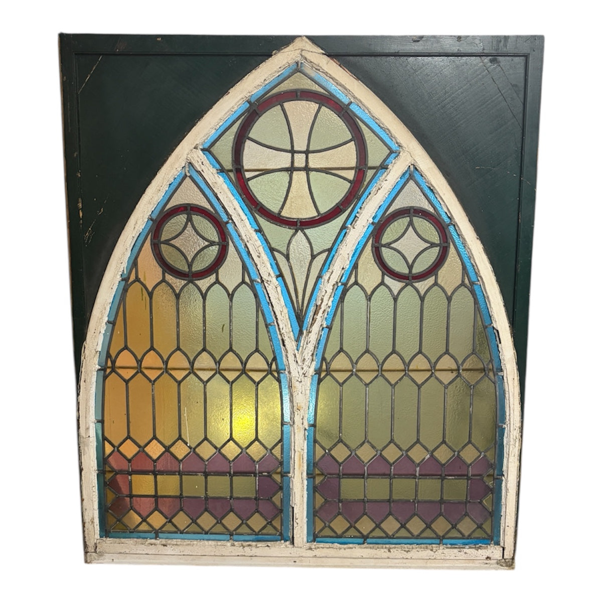 19th Century Gothic Church Stained Glass Window (c.1850–1880) – Double Lancet with Rose Motifs – 64” x 54”