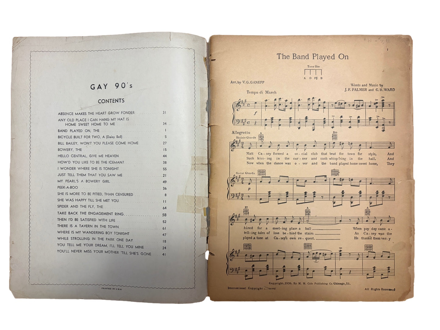 Vintage “Songs of the Gay 90’s” Sheet Music Book | Cole’s Universal Library | 1930s Chicago Songbook