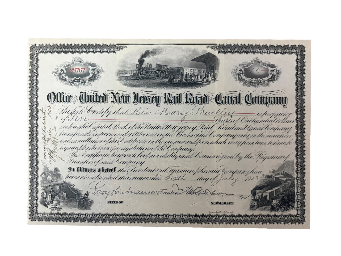 1903 United New Jersey Railroad & Canal Company Stock Certificate – 10 Shares – Steam Locomotive & Canal Engraving – Antique Railroad Scripophily