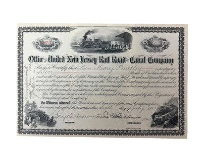 1903 United New Jersey Railroad & Canal Company Stock Certificate – 10 Shares – Steam Locomotive & Canal Engraving – Antique Railroad Scripophily