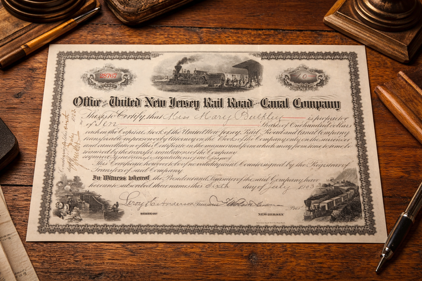 1903 United New Jersey Railroad & Canal Company Stock Certificate – 10 Shares – Steam Locomotive & Canal Engraving – Antique Railroad Scripophily