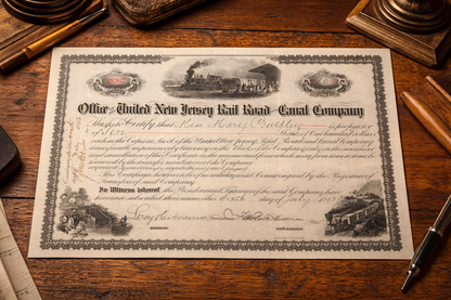 1903 United New Jersey Railroad & Canal Company Stock Certificate – 10 Shares – Steam Locomotive & Canal Engraving – Antique Railroad Scripophily
