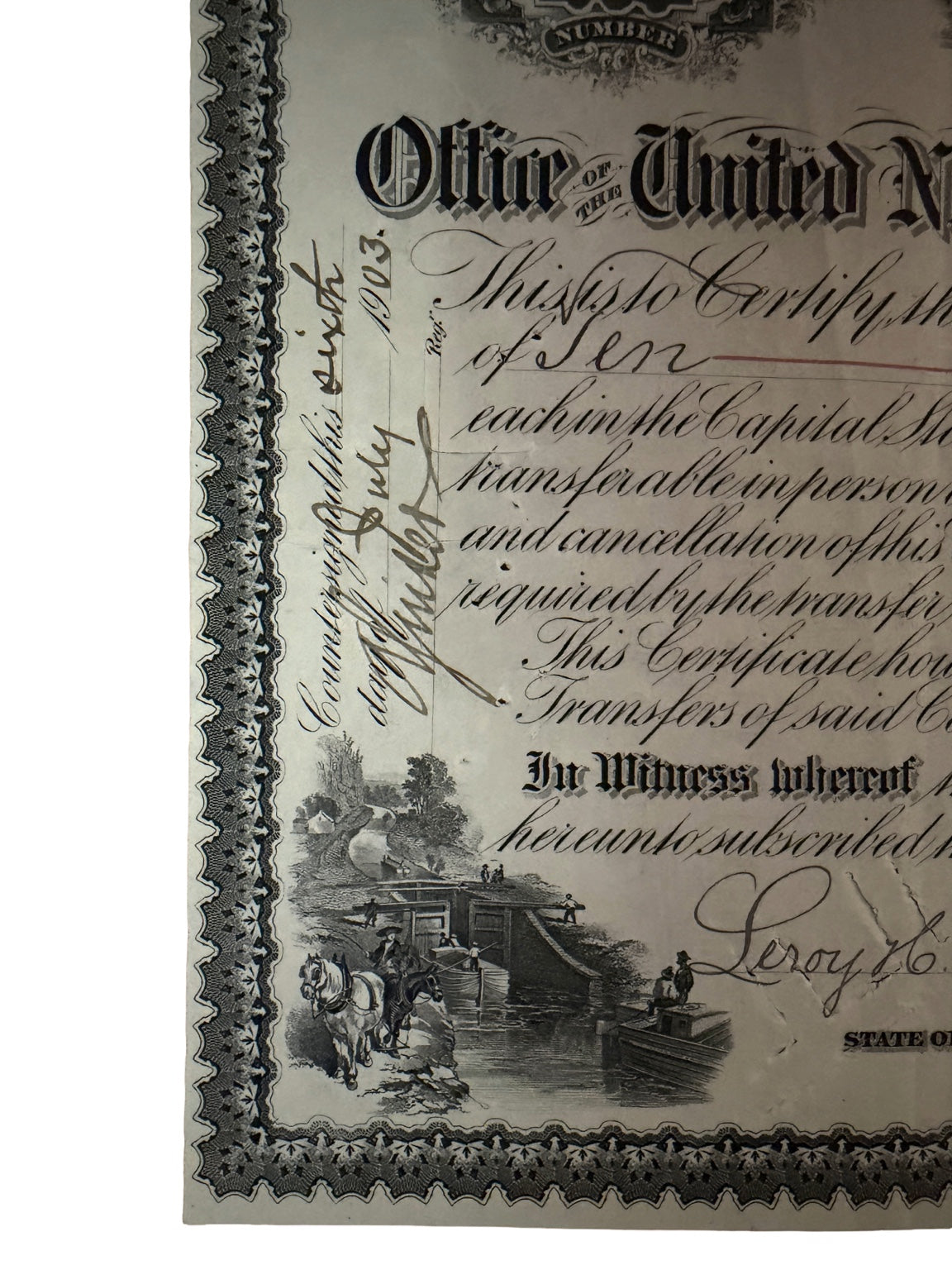 1903 United New Jersey Railroad & Canal Company Stock Certificate – 10 Shares – Steam Locomotive & Canal Engraving – Antique Railroad Scripophily