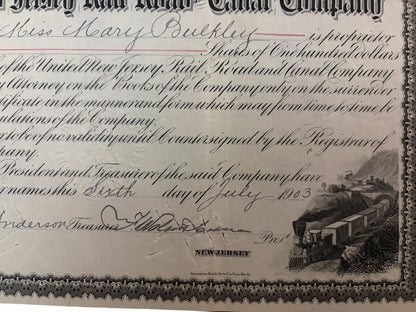 1903 United New Jersey Railroad & Canal Company Stock Certificate – 10 Shares – Steam Locomotive & Canal Engraving – Antique Railroad Scripophily