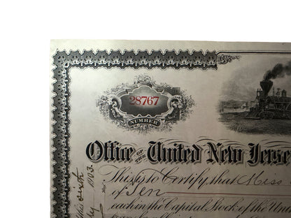 1903 United New Jersey Railroad & Canal Company Stock Certificate – 10 Shares – Steam Locomotive & Canal Engraving – Antique Railroad Scripophily