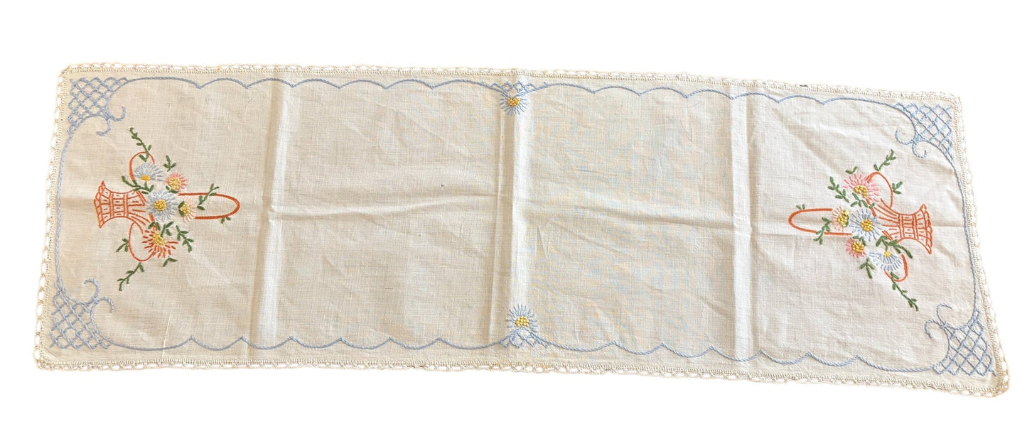 Vintage Hand-Embroidered Linen Table Runner with Floral Basket Motif and Crocheted Lace Edge, c.1930s