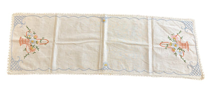 Vintage Hand-Embroidered Linen Table Runner with Floral Basket Motif and Crocheted Lace Edge, c.1930s