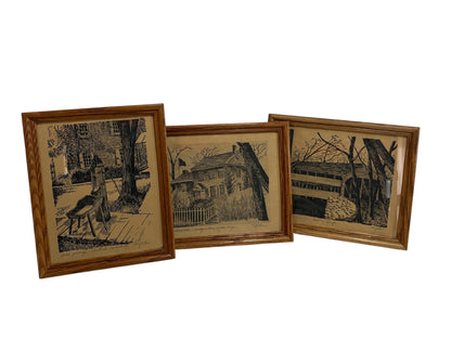 Vintage Valley Forge Architectural Prints – Signed “Taylor” – Mid-Century Colonial Revival Linocut Set (3)