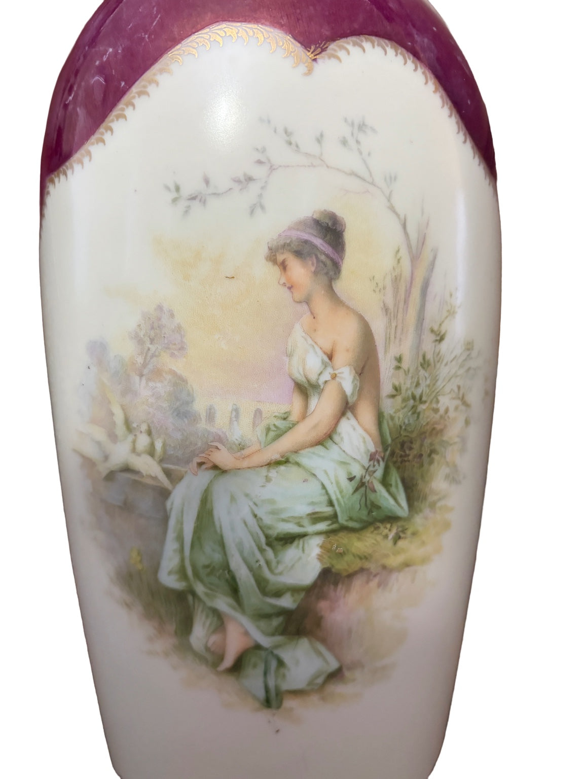 Antique R & C Bavaria Hand-Painted Porcelain Cabinet Vase, Romantic Scene, Cranberry Ground (c.1900)