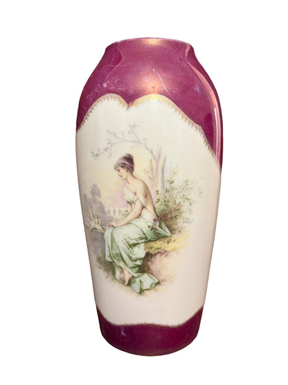 Antique R & C Bavaria Hand-Painted Porcelain Cabinet Vase, Romantic Scene, Cranberry Ground (c.1900)