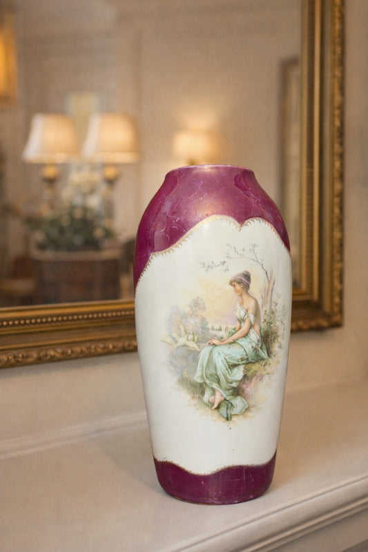 Antique R & C Bavaria Hand-Painted Porcelain Cabinet Vase, Romantic Scene, Cranberry Ground (c.1900)