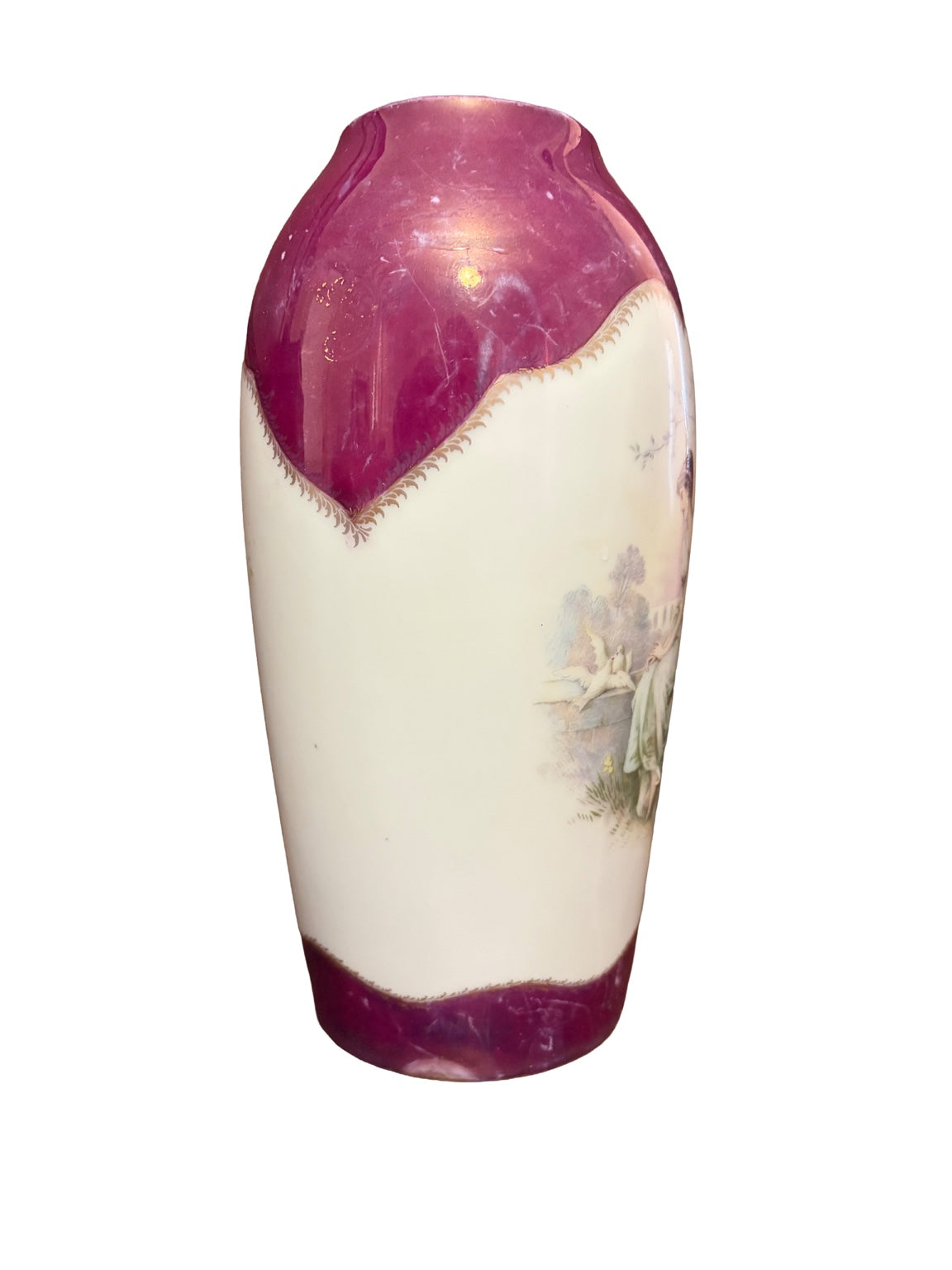 Antique R & C Bavaria Hand-Painted Porcelain Cabinet Vase, Romantic Scene, Cranberry Ground (c.1900)